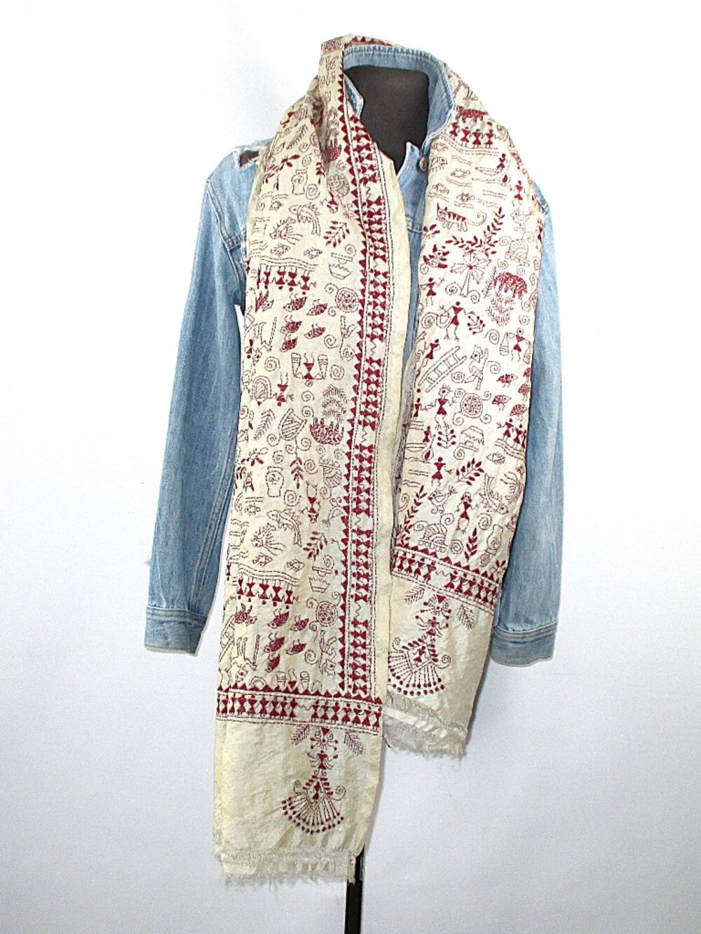 HAND EMBROIDERED TUSSAR SILK SCARF